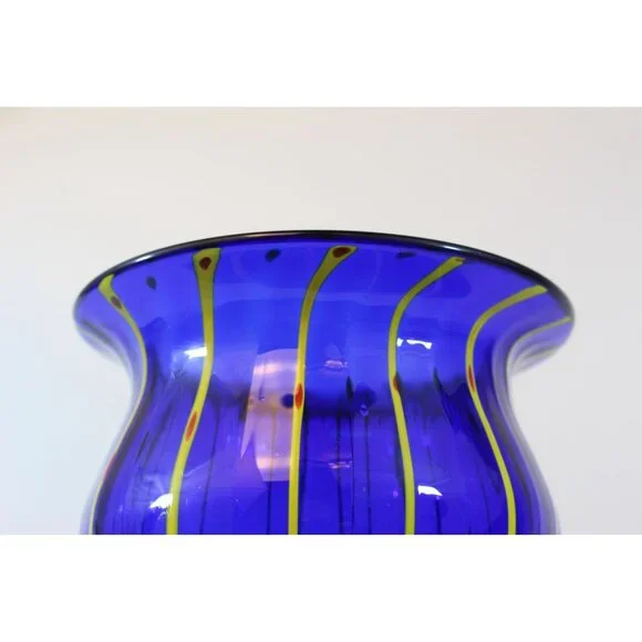 Hand Blown Cobalt Blue Art Glass Vase 12” Pulled Line Design Pedestal Foot Mexic